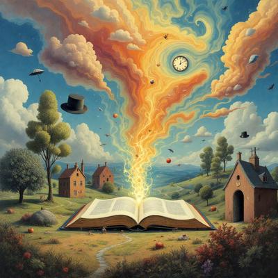 Primary subject: A book with a clock on it, surrounded by a whimsical scene of houses, trees, and clouds.

Setting/background: The scene is set in a field with houses, trees, and clouds in the background.

Visual style: The image is a digital art or illustration, featuring a whimsical and imaginative scene.

Colors and mood: The colors are vibrant and lively, with a sense of wonder and creativity. The mood is playful and